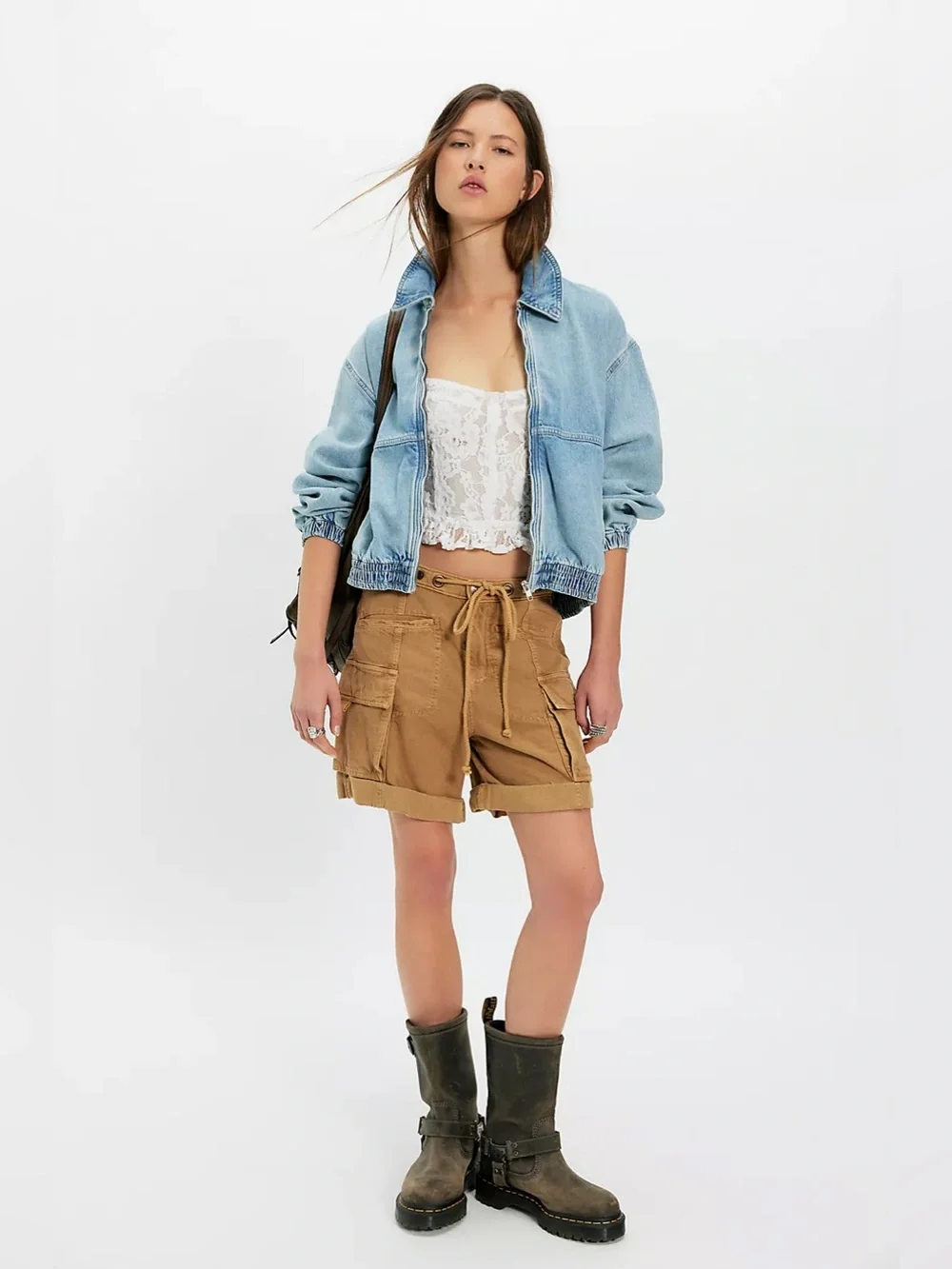 Free People We The Free Birdie Denim Bomber Jacket Light Wash Medium